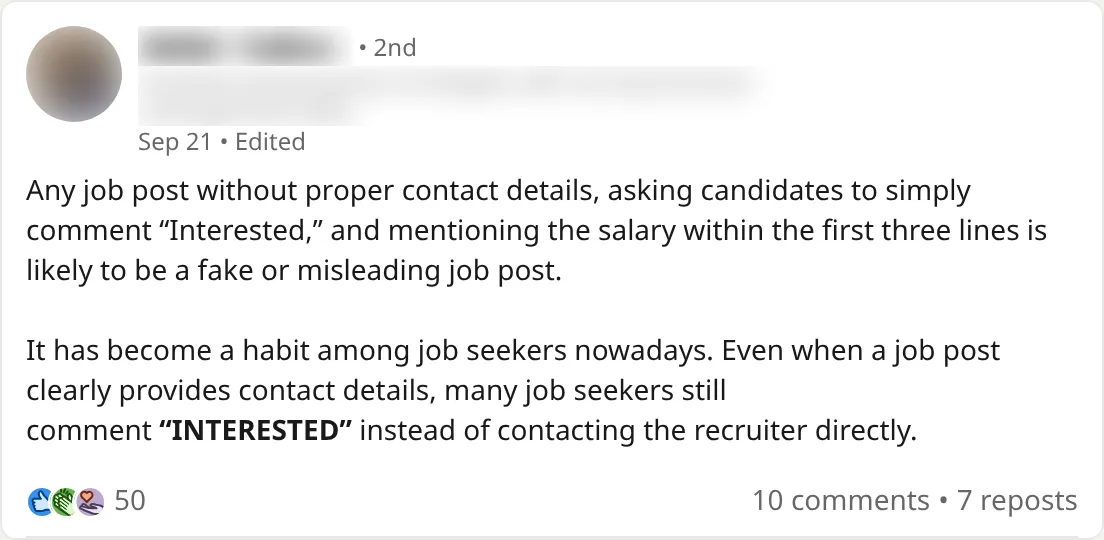 A LinkedIn post saying that a job post without proper contact details, asking you to simply comment Interested, and showing the salary in the first three lines is likely fake or misleading. The author's name and photo are blurred.