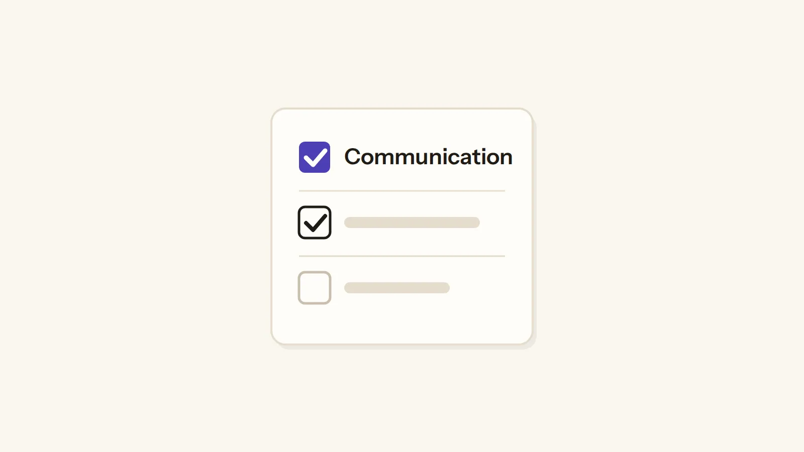 A checklist with its first item, communication, ticked in violet.