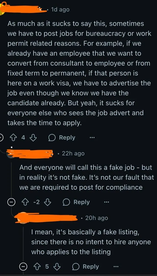 A screenshot of a recruiter's Reddit comment: sometimes they have to post jobs for bureaucracy or work permit reasons even though they already have the candidate. A reply says it is basically a fake listing, since there is no intent to hire anyone who applies.